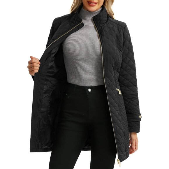 Women's Lightweight Black Long Quilted Jackets Coat Design Warm Stand Collar - Picture 5 of 6